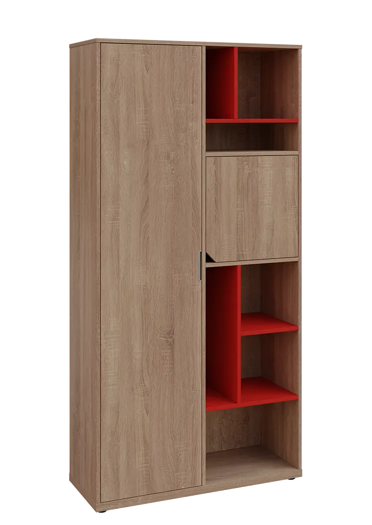 KSR6-83 L skříň šatní, 1x výsuvné ramínko, dvířka, niky, 2053x1022x400 mm, provedení levé, korpus a dvířka dub bardolino/police červená